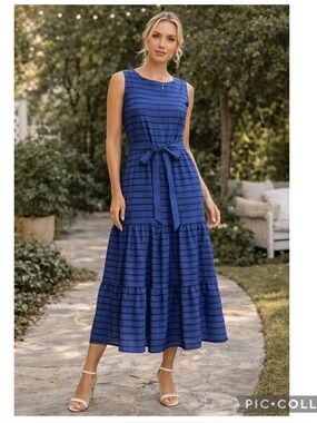 EVEREVE Blue Striped Tiered Midi Dress